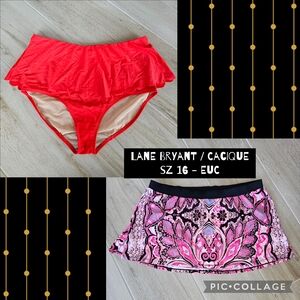 Bundle Of 2 Lane Bryant Red Swim Bottoms and Pink Patterned Swim Skirt, Sz 16